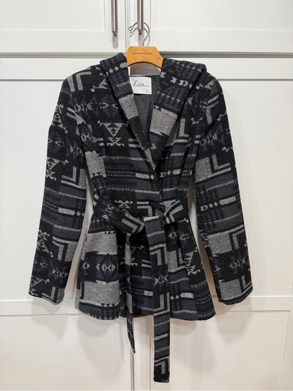 Kirra Hooded Belted Aztec Knit Jacket - Black & Gray